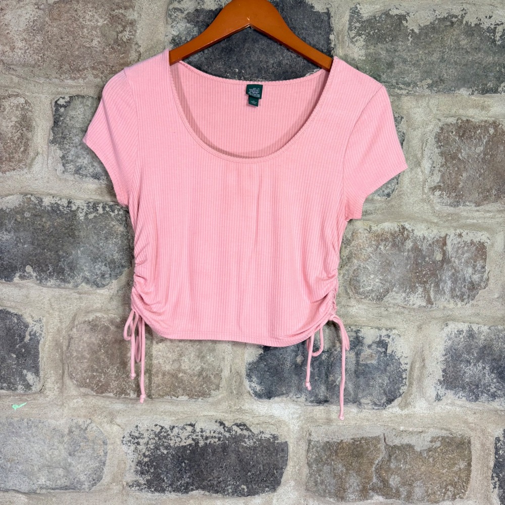 Wild Fable Women's Pink Ribbed Cinch Side Crop Top Scoop Neck Short Sleeve L